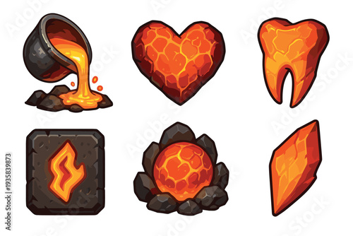 Set of six fantasy lava-themed game icons including a molten cauldron, fiery heart, volcanic tooth, stone fire rune, glowing orb, and a hot crystal for a user interface