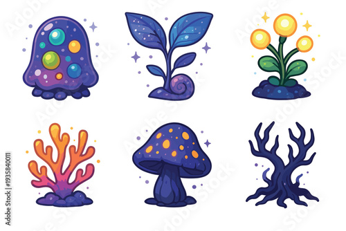Set of six colorful fantasy plants and mushrooms with a magical, cosmic theme, featuring glowing flowers, alien fungi, and whimsical flora in a cute cartoon illustration style