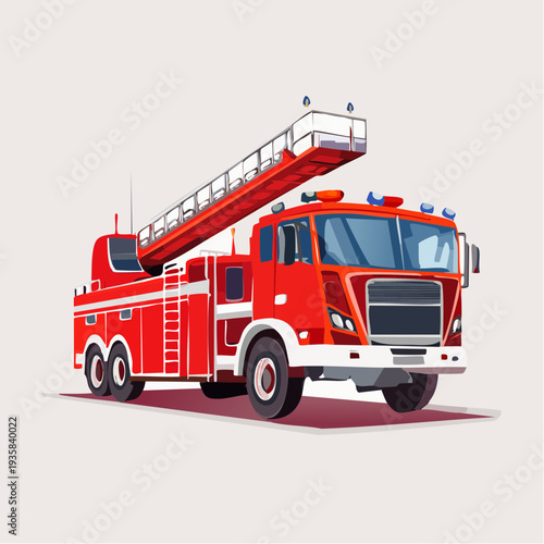 Oversized fire truck with ladders and equipment, clean vector rendering, emergency red tones
