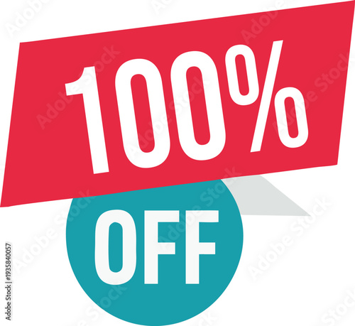 100% off promotion vector illustration, modern discount banner design, special sale offer label, colorful price tag sticker, isolated on white background, editable and scalable graphic