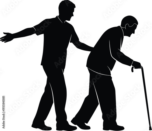 Caregiver assisting elderly man with walking cane silhouette, support, compassion, aging, healthcare, disability assistance concept isolated on white background