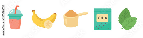 Set of healthy smoothie ingredient icons including a drink, banana, protein powder, chia seeds, and mint leaves in a flat, colorful vector illustration style for nutrition concepts