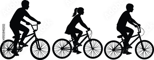 Silhouette of People Riding Bicycles, Family Cycling, Outdoor Activity, Healthy Lifestyle, Black and White Vector Illustration, Exercise, Leisure, Adobe Stock Clipart