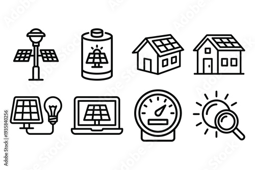 Solar Energy Icons: Renewable power, sustainability, and green technology concepts.