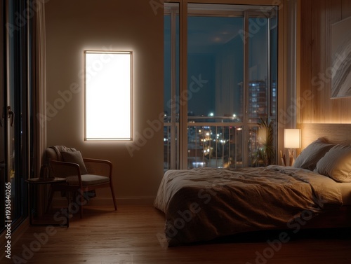 Cozy bedroom bathed in warm, inviting glow. Large window frames city lights at night. Bed rests softly against wooden walls and floor. Minimalist chair beside glowing wall-mounted light
