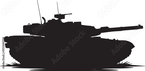 Modern battle tank silhouette vector illustration with weapon system line art