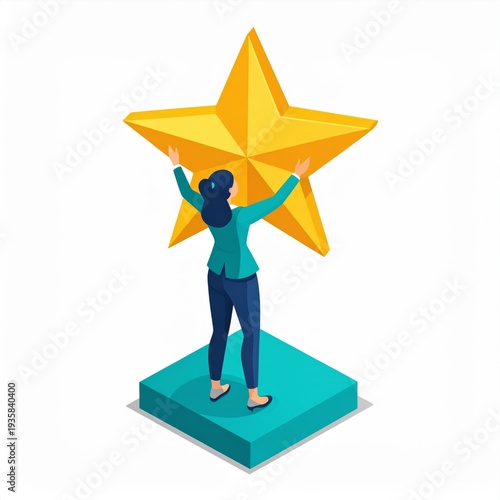 Person Reaching for a Gold Star on a Teal Pedestal Isolated on White