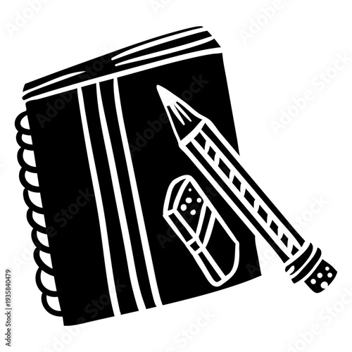 Hand drawn notebook pencil eraser black