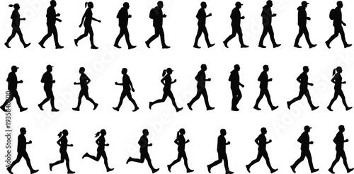 Silhouette of People Walking, Running, Jogging, Vector Illustration for Fitness, Exercise, Health, Motion, Activity, Adobe Stock Graphic Content