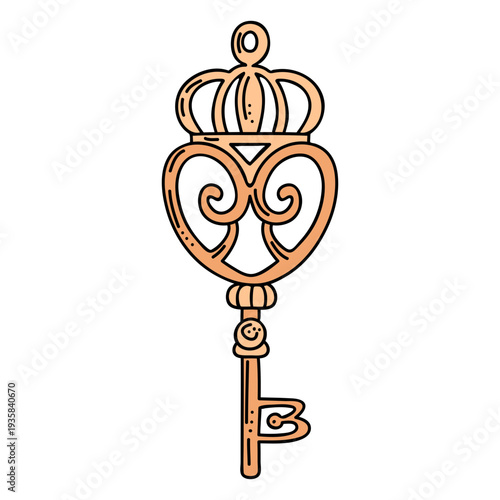 Hand drawn crown orange ornate key