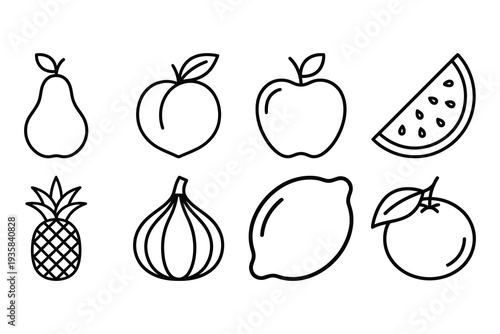Juicy Fruit Icons: Pear, peach, apple, watermelon, pineapple, fig, lemon, and orange illustrations.