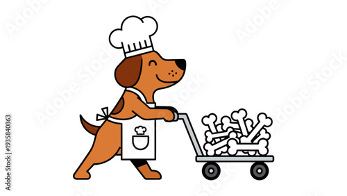 Cartoon brown dog chef pushes a cart full of white bones