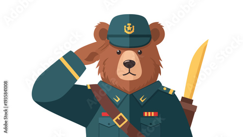 Cartoon bear soldier in uniform saluting holding a bayonet