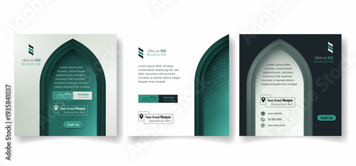 Set of social media template with mosque dome for eid mubarak in light green and white background