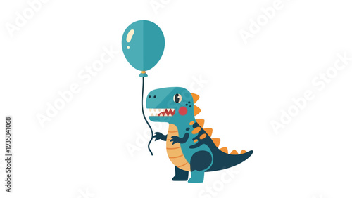 Cartoon blue Tyrannosaurus rex holding a teal balloon with a string