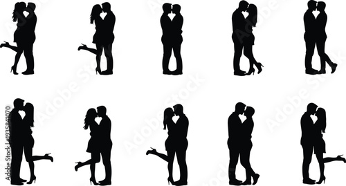 Silhouette of romantic couples, kissing, embracing, showing affection, love symbols, intimate moments, Valentine's Day theme, black white art, vector illustration