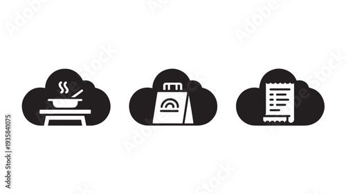 Black And White Icons Of Cooking Pot, Tablet And Receipt On Clouds For Business And Technology Concepts