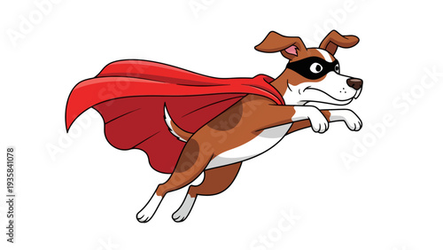 Cartoon brown and white dog in a red cape and black mask flying
