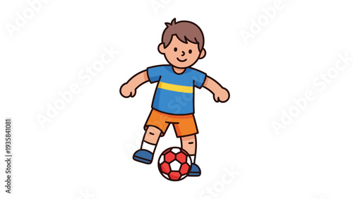 Cartoon boy in blue and orange playing soccer with a red and white ball