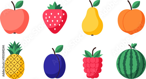 Colorful Fruit Icon Set Featuring Apple, Strawberry, Pear, Peach, Pineapple, Plum, Raspberry and Watermelon for Healthy Food Design and Organic Nutrition Illustration