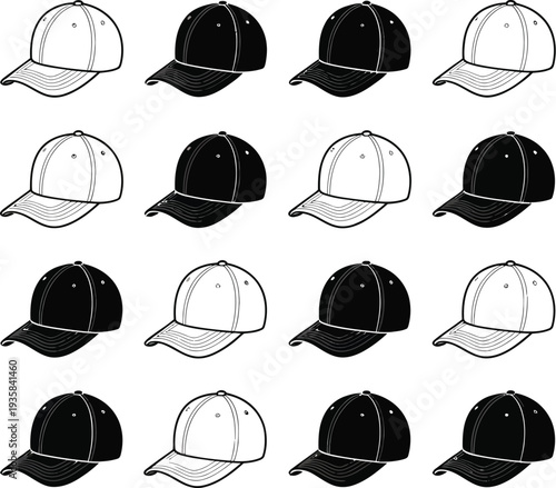 Baseball Cap Set Illustration, 16 Black and White Line Art Hats in 4x4 Grid with Curved Brim Designs