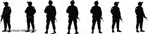 Silhouette of soldiers standing in formation, armed with rifles, wearing helmets, military vector illustration, defense, combat