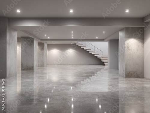 Minimalist interior with polished concrete floor. Modern staircase ascends to an upper level. Rounded pillars and recessed ceiling lights enhance space