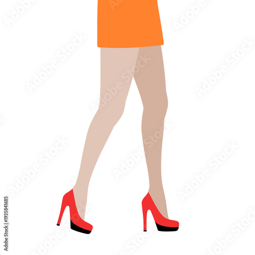 Female slim legs wearing high heel shoes and mini skirt moving forward.