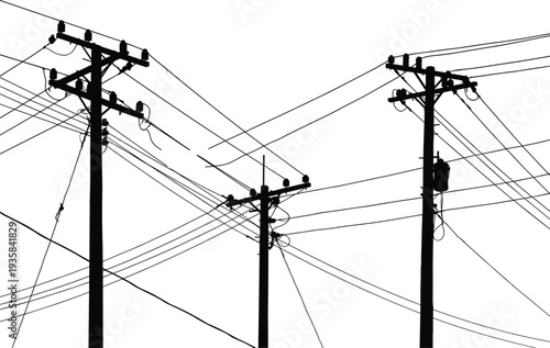 Silhouette of three electric utility poles with tangled power lines and transformers, high voltage electricity distribution network vector illustration