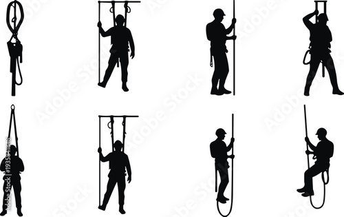 Rope Access Workers Silhouettes Set, Industrial Climbers Using Safety Harness and Equipment, Professional Height Work, Construction Maintenance Vector Illustration
