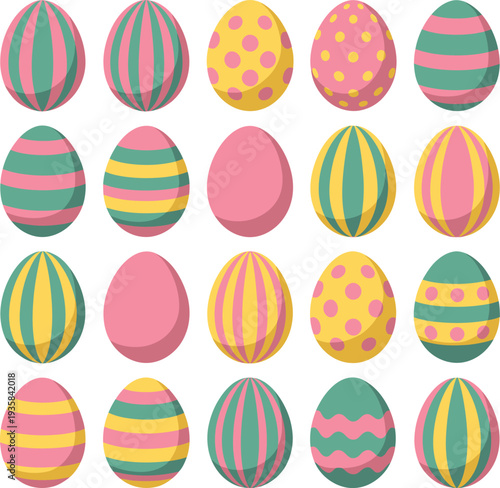 Decorative Easter Eggs Illustration Set, pastel pink yellow teal designs with stripes dots and zigzags