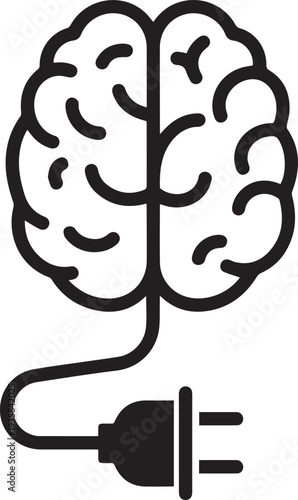 Human brain with electrical power plug line icon isolated. Concept of mental energy, artificial intelligence, machine learning, recharging mind, creative brainstorming and technology innovation