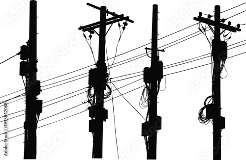 Silhouette of utility poles with electrical wires, transformers, insulators, urban power infrastructure, industrial energy distribution