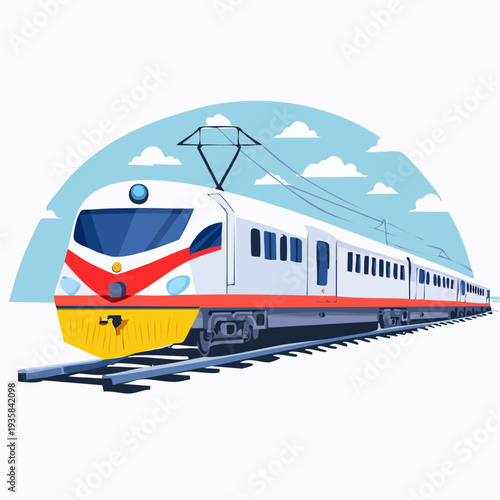 Vector art of a large freight locomotive pulling multiple cargo cars, dynamic speed lines