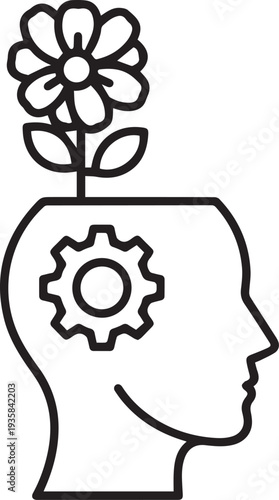 Human head profile line icon with gear inside and blooming flower growing on top isolated. Concept of personal growth, psychological health, positive mindset, creative thinking and mental wellness