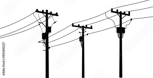 Silhouette of utility poles, power lines, electricity distribution, energy infrastructure, rural landscape, evening sky, industrial background