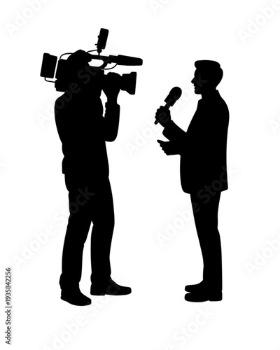 Silhouetted news reporter being interviewed on camera