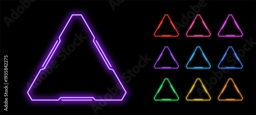 Outline neon triangle frame, vector set. Neon triangle HUD frame, glow line UI border with space for text. Triangular led border silhouette. Game design element and HUD shape with glow light effect