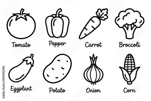 Assorted Vegetable Icons: Tomato, pepper, carrot, broccoli, eggplant, potato, onion, and corn illustrations for healthy eating.