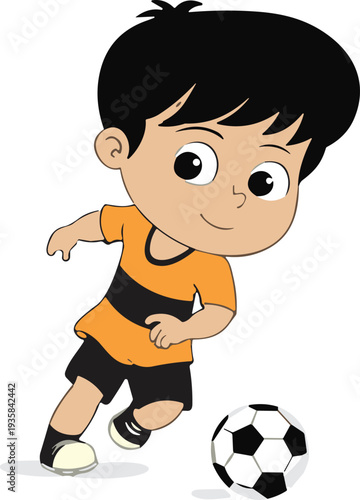 Cute cartoon boy playing soccer with football, happy kid sport character illustration, children activity concept, colorful flat vector design