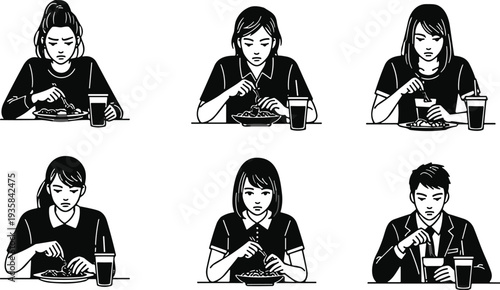 Black silhouette woman eating noodles and drinking coffee, casual cafe lifestyle collection, modern people dining concept vector illustration