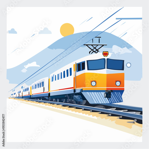 Vector art of a large freight locomotive pulling multiple cargo cars, dynamic speed lines