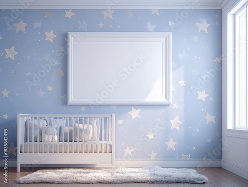 Starry blue wall with white-framed space above crib. Crib holds soft bedding and is placed near window. Soft rug lies beneath crib, enhancing cozy feel. Light streams through window