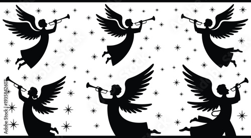 Black silhouette angels playing trumpets with stars, Christmas heavenly music scene collection, spiritual celebration concept, festive vector illustration