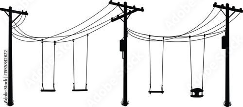 Silhouette of utility poles, swings, merry-go-round, surreal playground concept, urban infrastructure, creative black white illustration