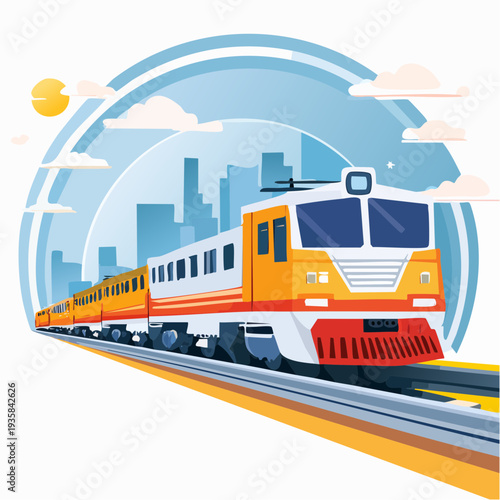 Vector art of a large freight locomotive pulling multiple cargo cars, dynamic speed lines