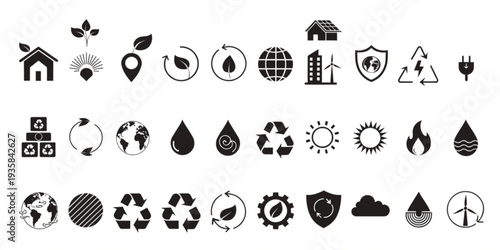 Collection of black icons representing eco-friendly concepts and sustainable energy sources displayed on a clean white background