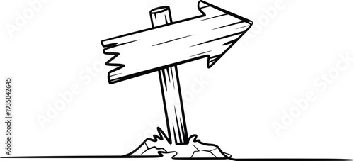 Cartoon style outline drawing of a blank wooden arrow sign pointing right with a broken ground base