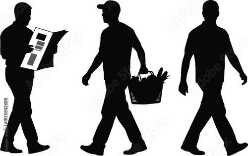 Silhouette of walking man carrying newspaper and grocery basket, everyday lifestyle activity vector illustration for shopping, reading and movement concepts