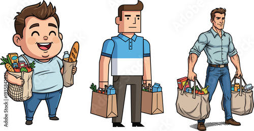 Men carrying grocery bags illustration showing different body types cartoon pixel realistic styles shopping concept vector for adobe stock seo